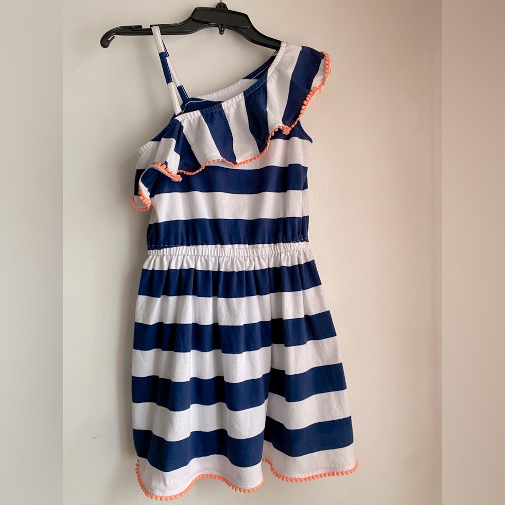 Tommy Hilfiger Navy striped girls dress with salmon color fringes.
